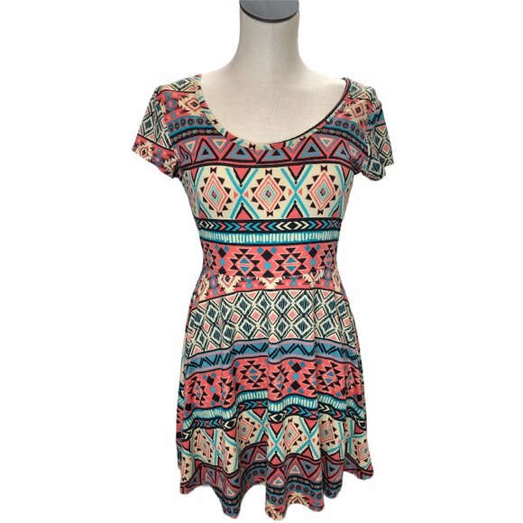 Bobbie Brooks Dress Juniors Women Small Stretch Short Sleeve Mini Pink Aqua Blue - Picture 1 of 9